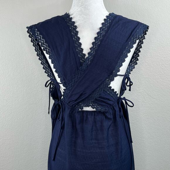 Lush Navy Blue Lace Trim Gauze V-Neck High-Low Sleeveless Midi Dress Large - Picture 11 of 14